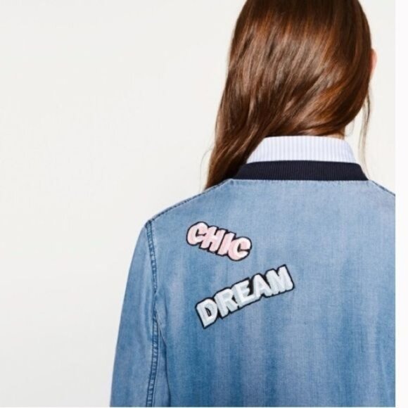 Say What? Denim Bomber Jacket With Patches & Ribbed Trim - Picture 8 of 8